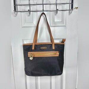 Michael Kors Kempton Nylon Satchel  Medium Black Brown Leather Handle Tote Bag